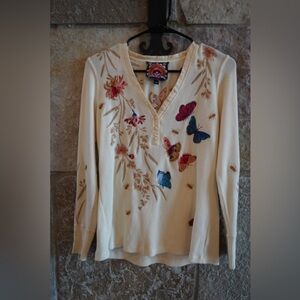 Johnny Was Floral Embroidered Long Sleeve Top size small